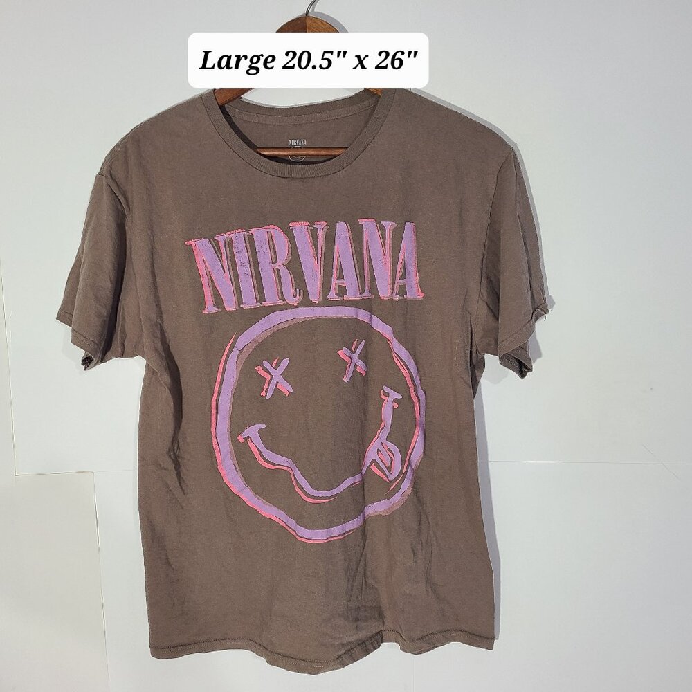 Nirvana Smiley Face Brown 2-Sided Large T-Shirt Retro Band Tee